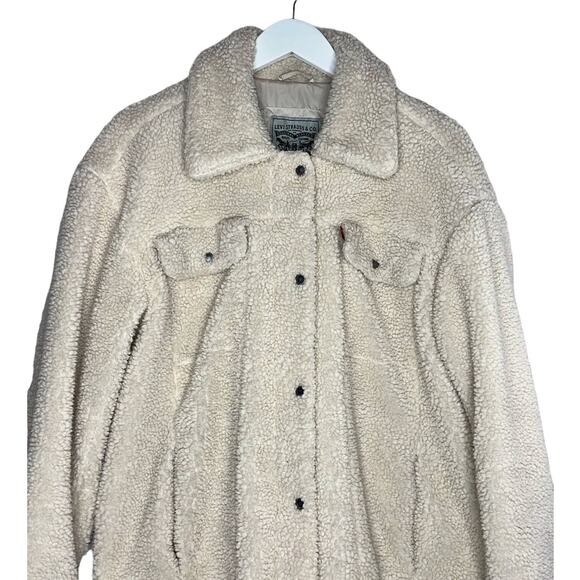Levi's Sherpa Cream Teddy Medium Length Coat Jacket Super Warm Cozy Size Large - Picture 7 of 11